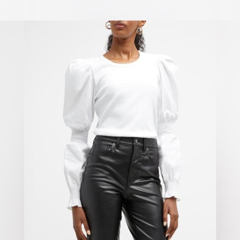 Veronica Beard Fawn Cinch Puff Sleeve Cream Ribbed Top